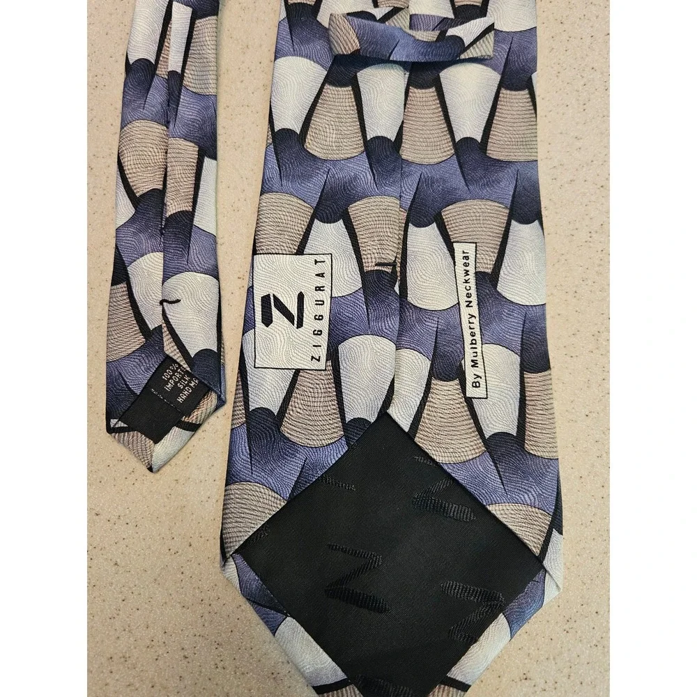 Ziggurat Mulberry Neckwear Mens Silk Tie Blue Taupe Geometric Fan Art Deco 4